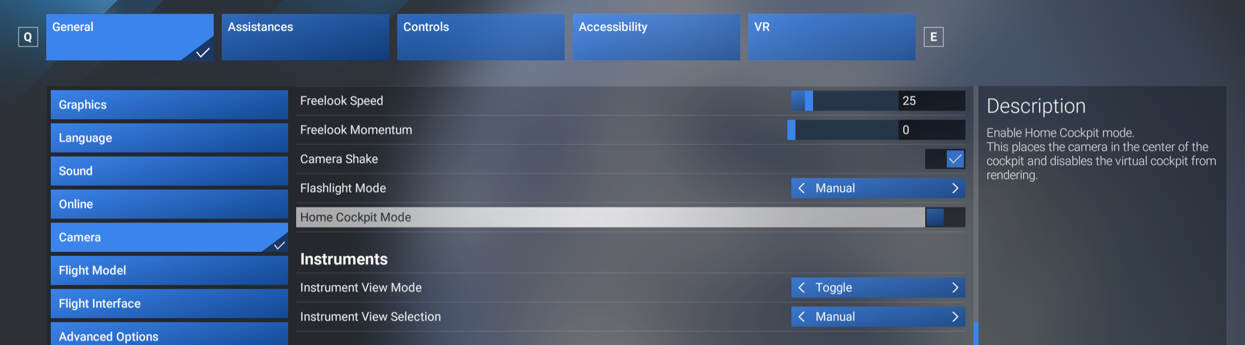 Screenshot of FS2024 settings, general page, camera section, with Home Cockpit Mode highlighted.